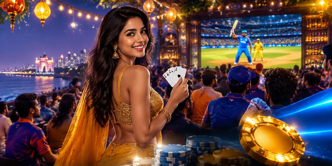 India cricket stadium with evening lights and fans