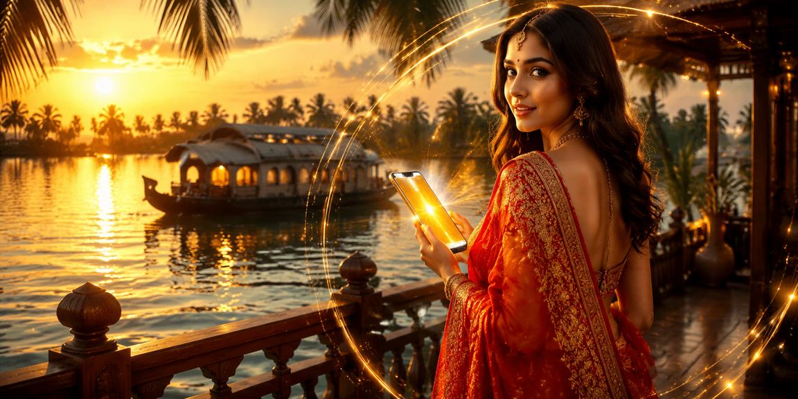 Woman checking responsible gaming limits on mobile at Kerala backwaters